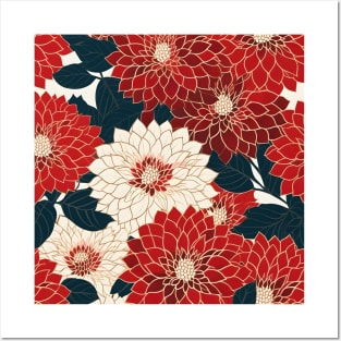 Japanese Kimono Pattern with Red Dahlias Posters and Art